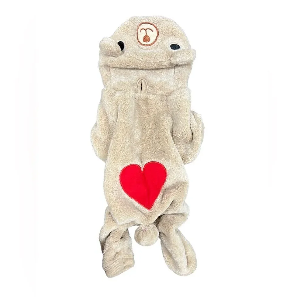 XS/S Dog Fleece Onsie, Hooded Bear Ears, Heart, Like New